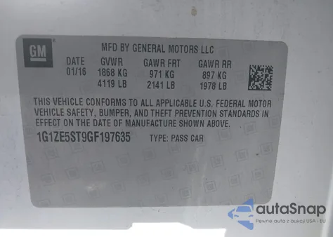 2016 Chevrolet Malibu 1Lt from USA, damaged, VIN 1G1ZE5ST9GF197635